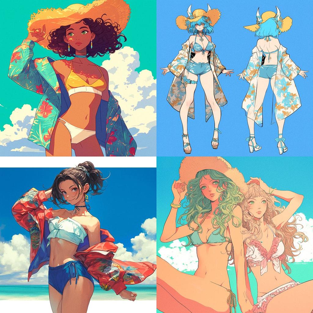 Beachwear fashion style, Midjourney Niji 6, render 1 of 4