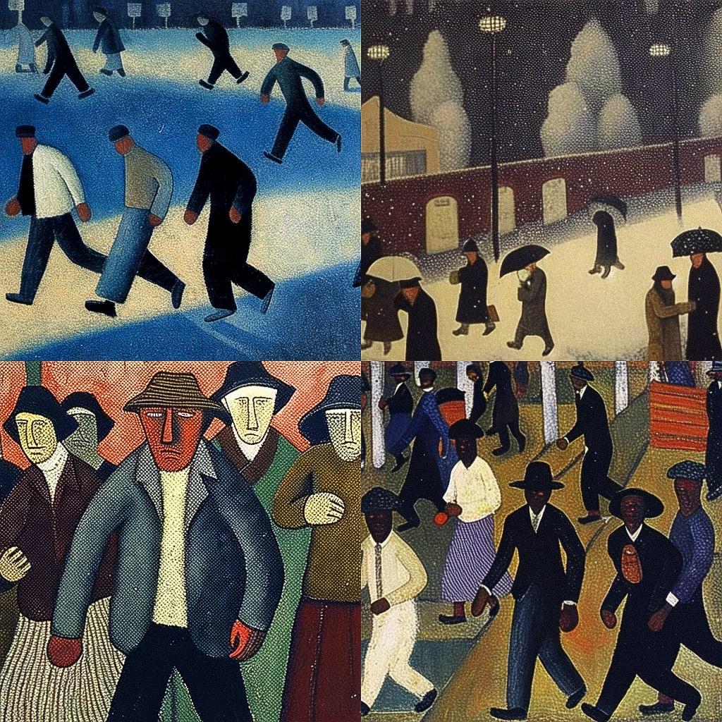 Ben Shahn style, Midjourney Niji 4, render 1 of 4