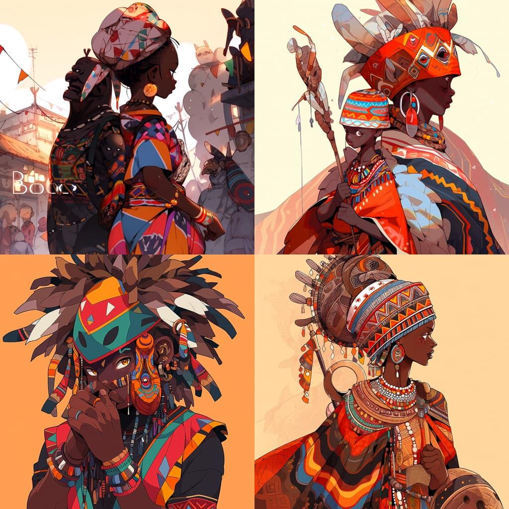Benin art style, Midjourney Niji 5, render 1 of 4