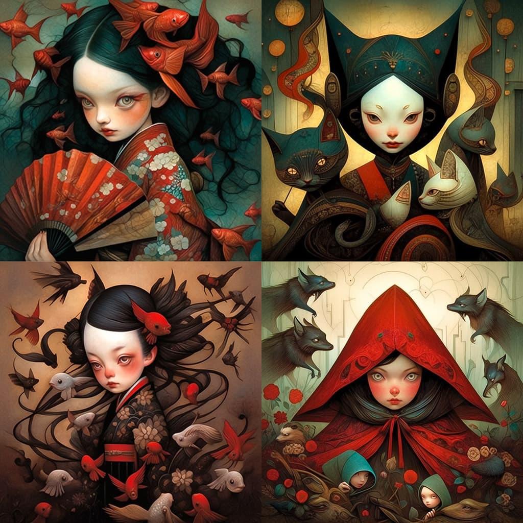Benjamin Lacombe style, Midjourney Niji 4, render 1 of 4
