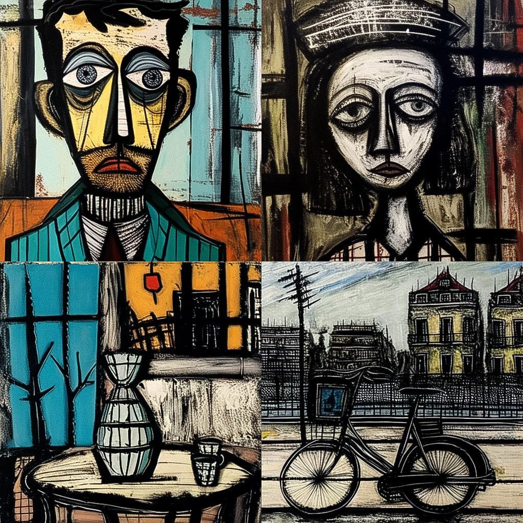 Bernard Buffet style, Midjourney Niji 4, render 1 of 4