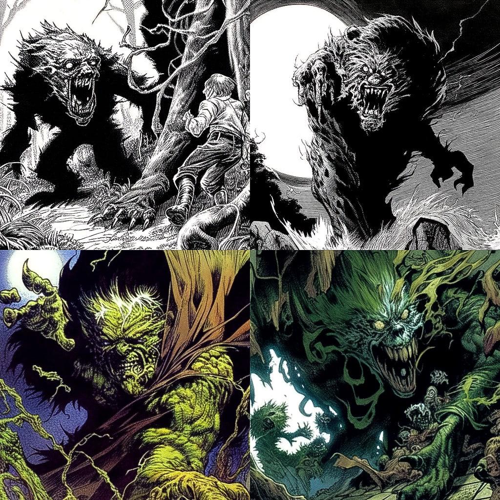Bernie Wrightson style, Midjourney Niji 4, render 1 of 4