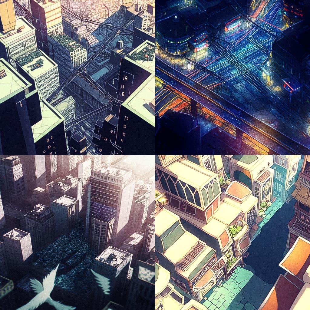 Bird's eye view style, Midjourney Niji 4, render 1 of 4
