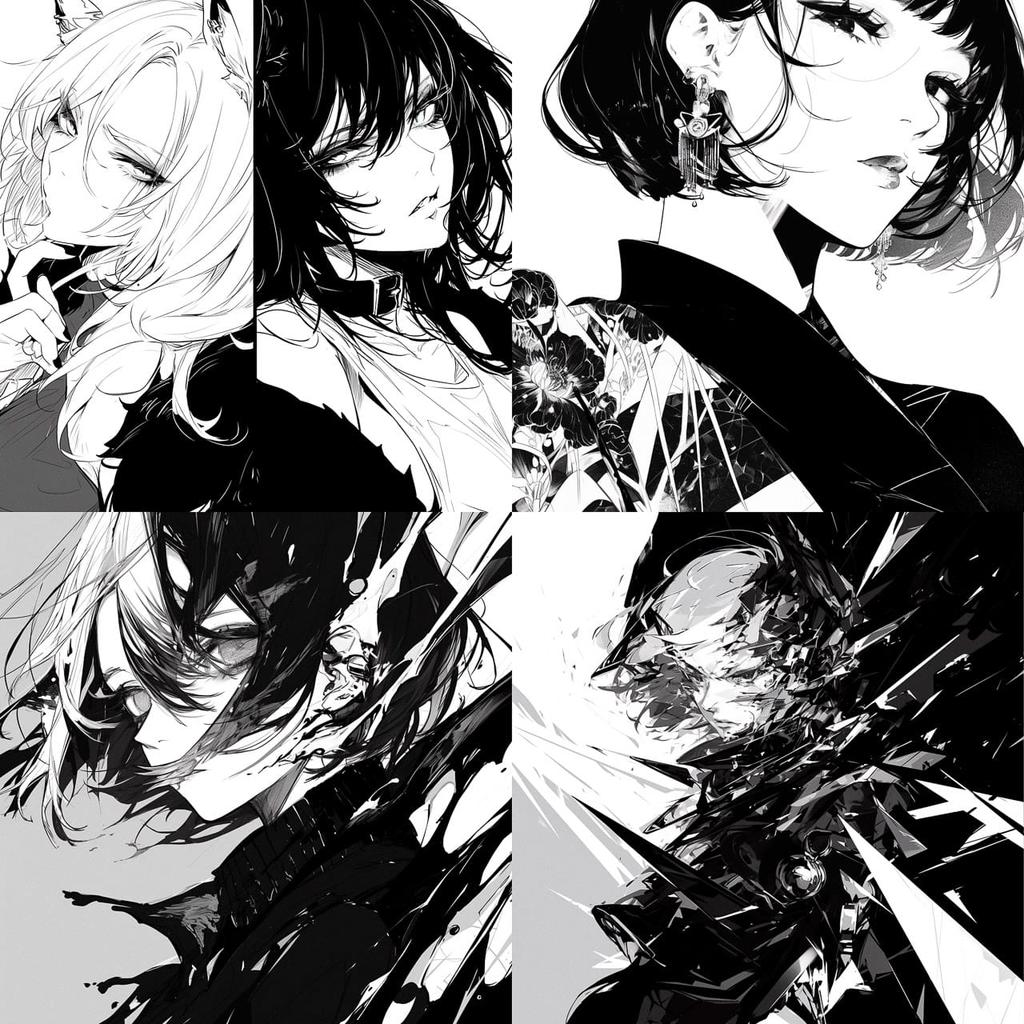 Black-and-white colors style, Midjourney Niji 6, render 1 of 4