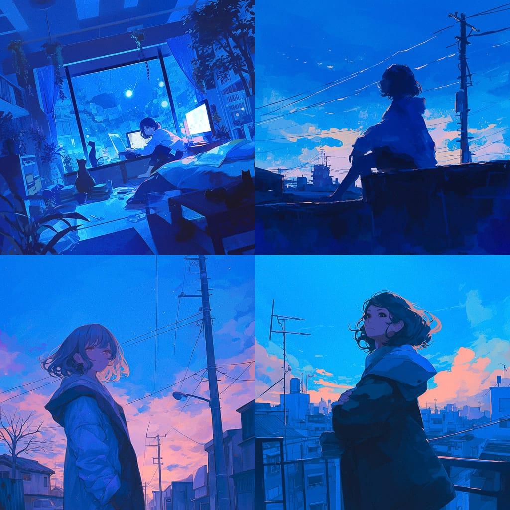 Blue hour style, Midjourney Niji 6, render 1 of 4