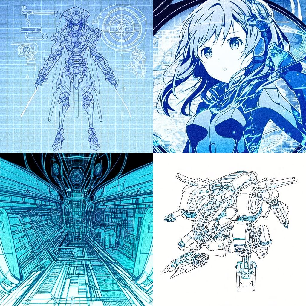 Blueprint style, Midjourney Niji 4, render 1 of 4
