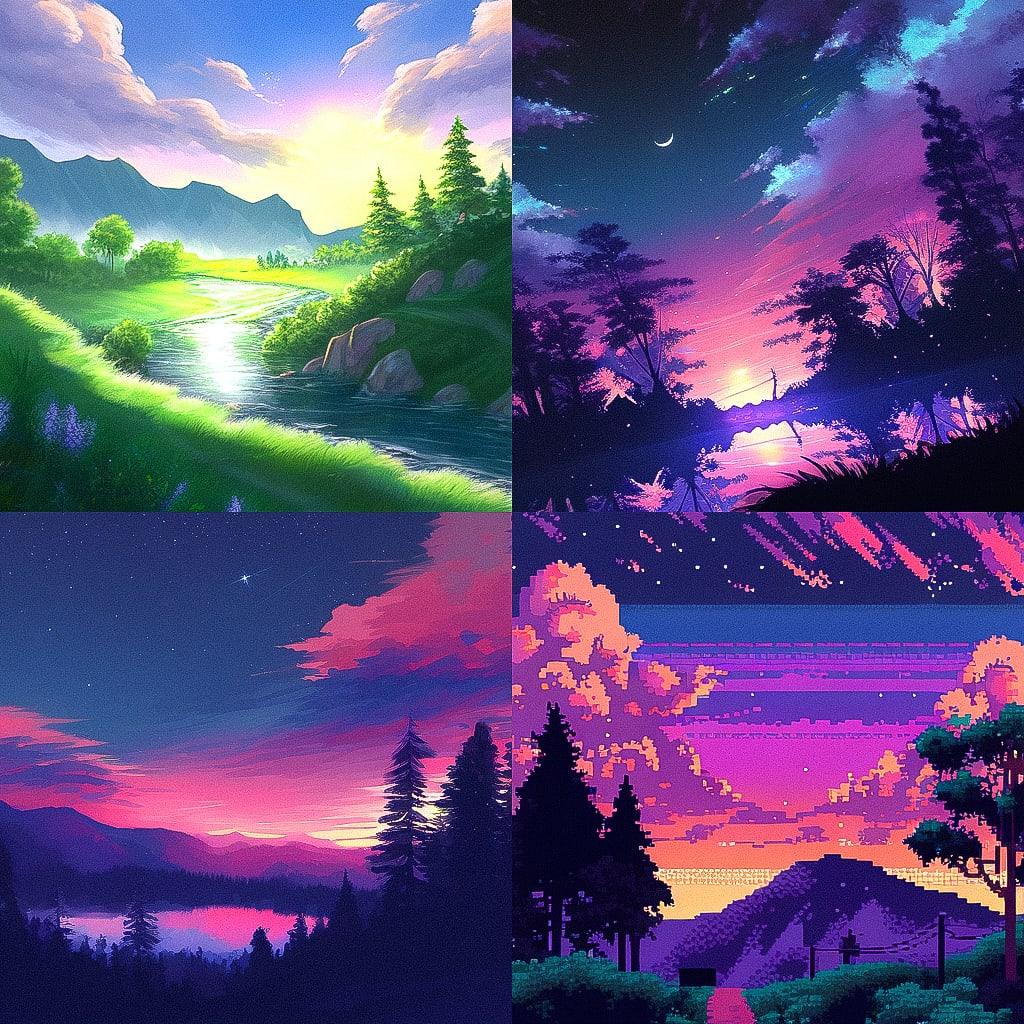 Bob Ross style, Midjourney Niji 4, render 1 of 4