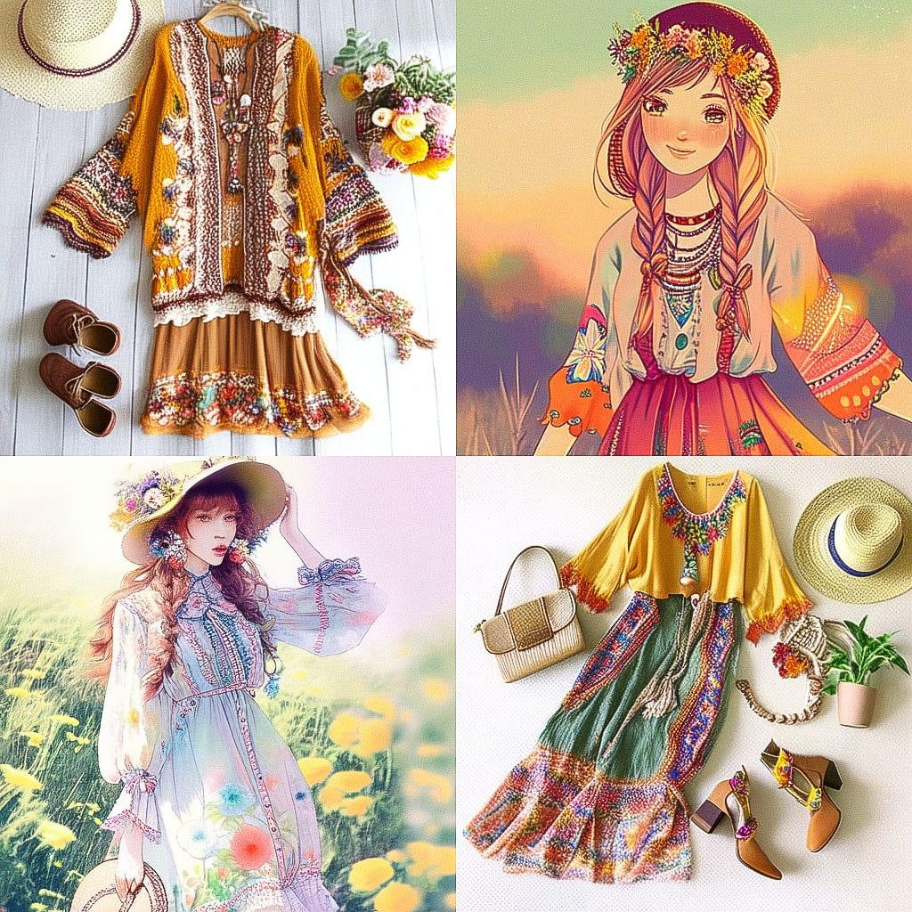 Boho fashion style, Midjourney Niji 4, render 1 of 4