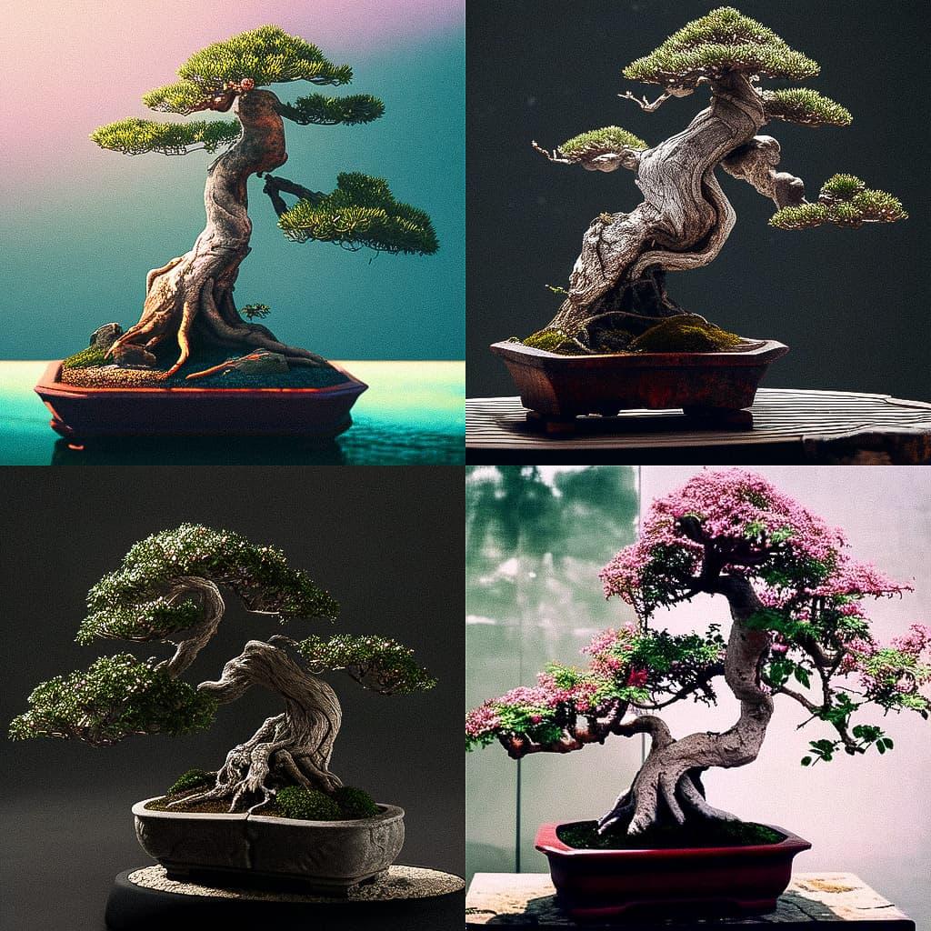 Bonsai style, Midjourney Niji 5, render 1 of 4