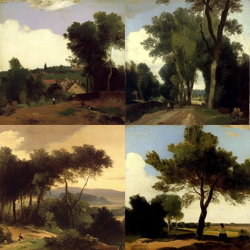Camille Corot style, Midjourney Niji 4, render 1 of 4