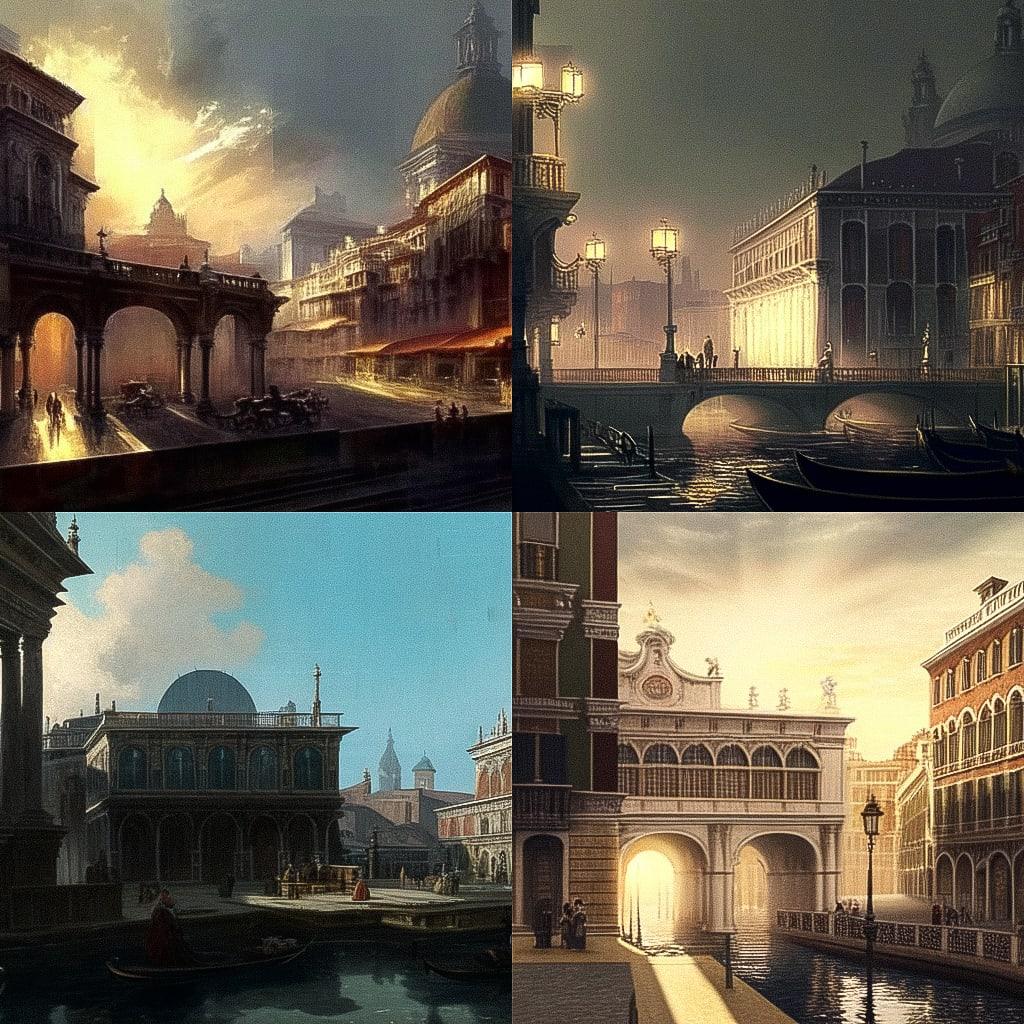 Canaletto style, Midjourney Niji 4, render 1 of 4
