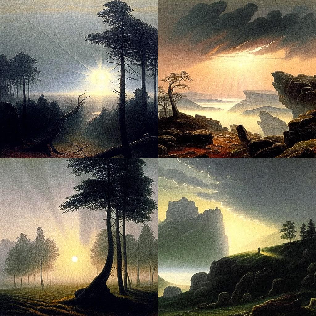 Caspar David Friedrich style, Midjourney Niji 4, render 1 of 4