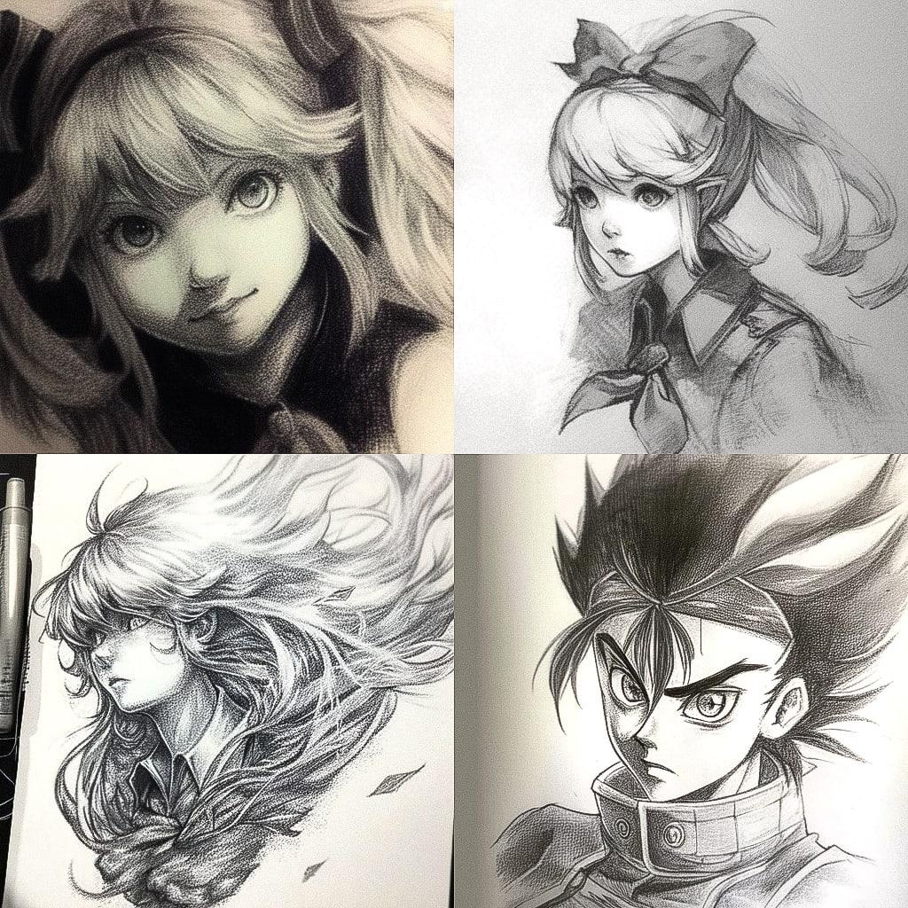 Charcoal drawing style, Midjourney Niji 4, render 1 of 4