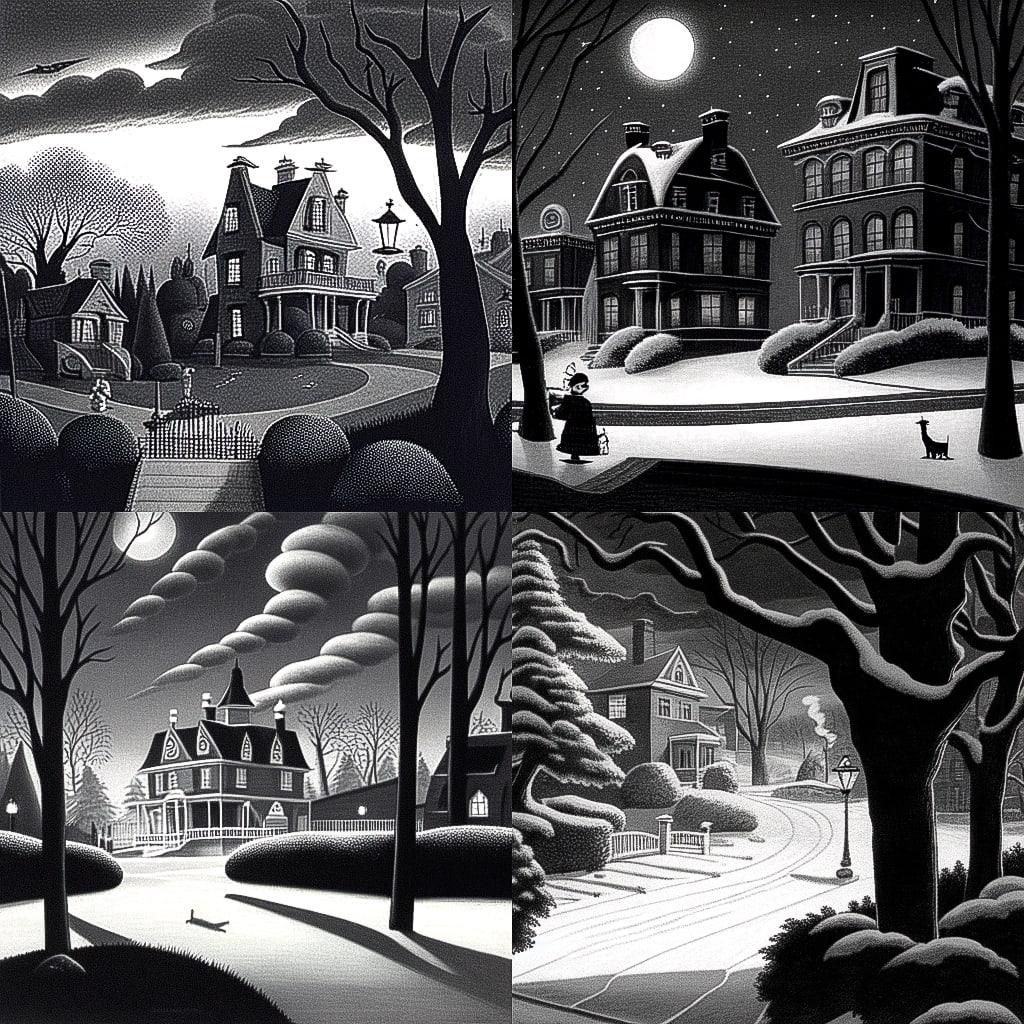 Charles Addams style, Midjourney Niji 4, render 1 of 4