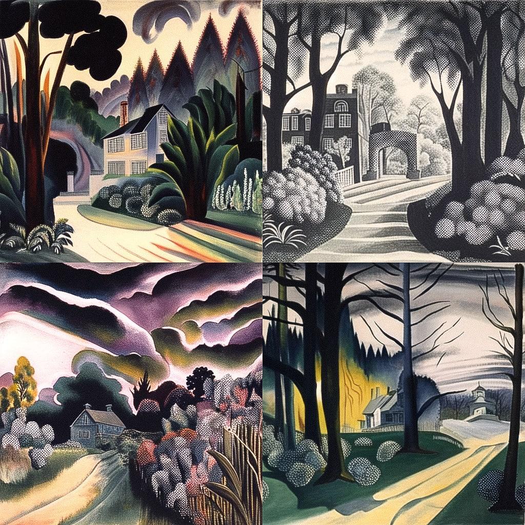 Charles E. Burchfield style, Midjourney Niji 4, render 1 of 4