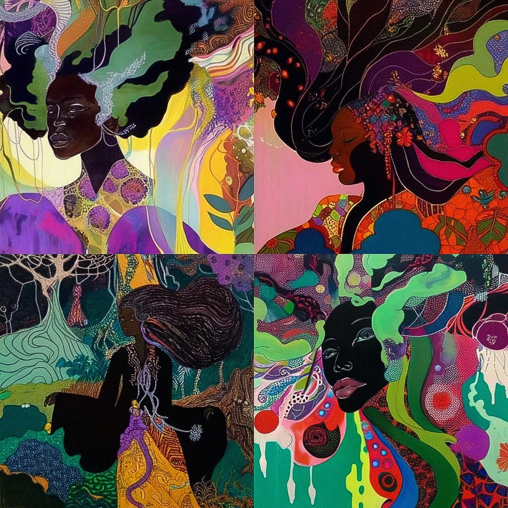 Chris Ofili style, Midjourney Niji 4, render 1 of 4