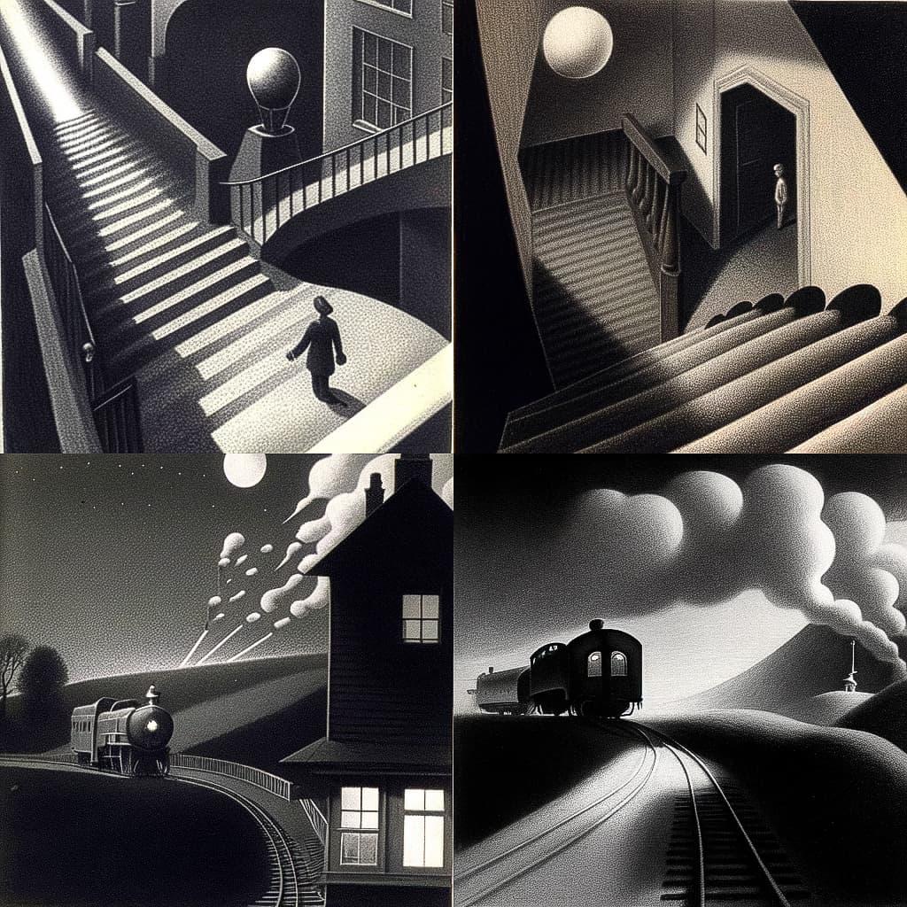 Chris Van Allsburg style, Midjourney Niji 4, render 1 of 4