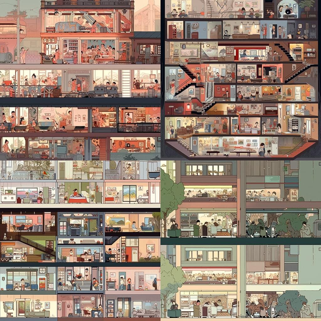 Chris Ware style, Midjourney Niji 5, render 1 of 4