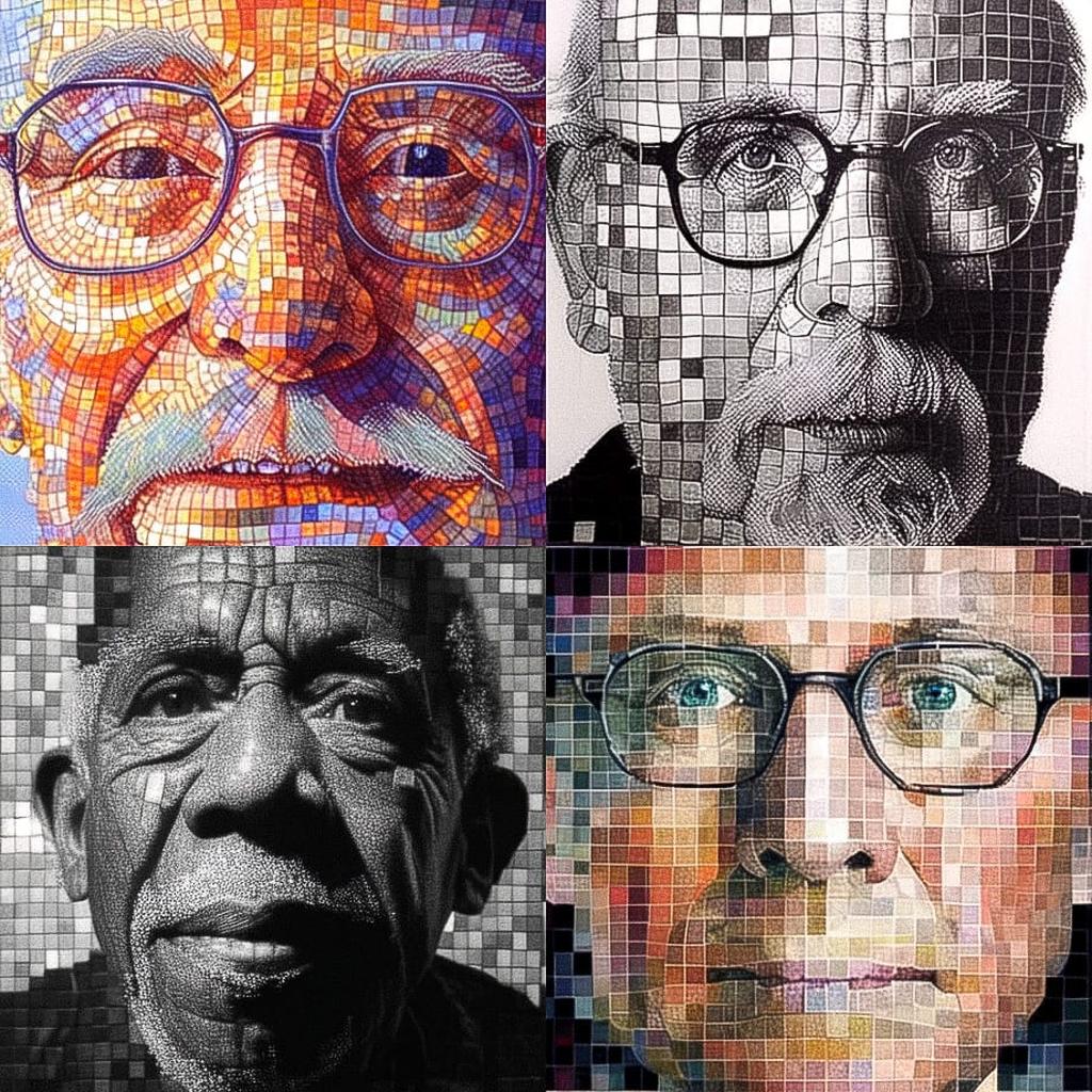 Chuck Close style, Midjourney Niji 4, render 1 of 4