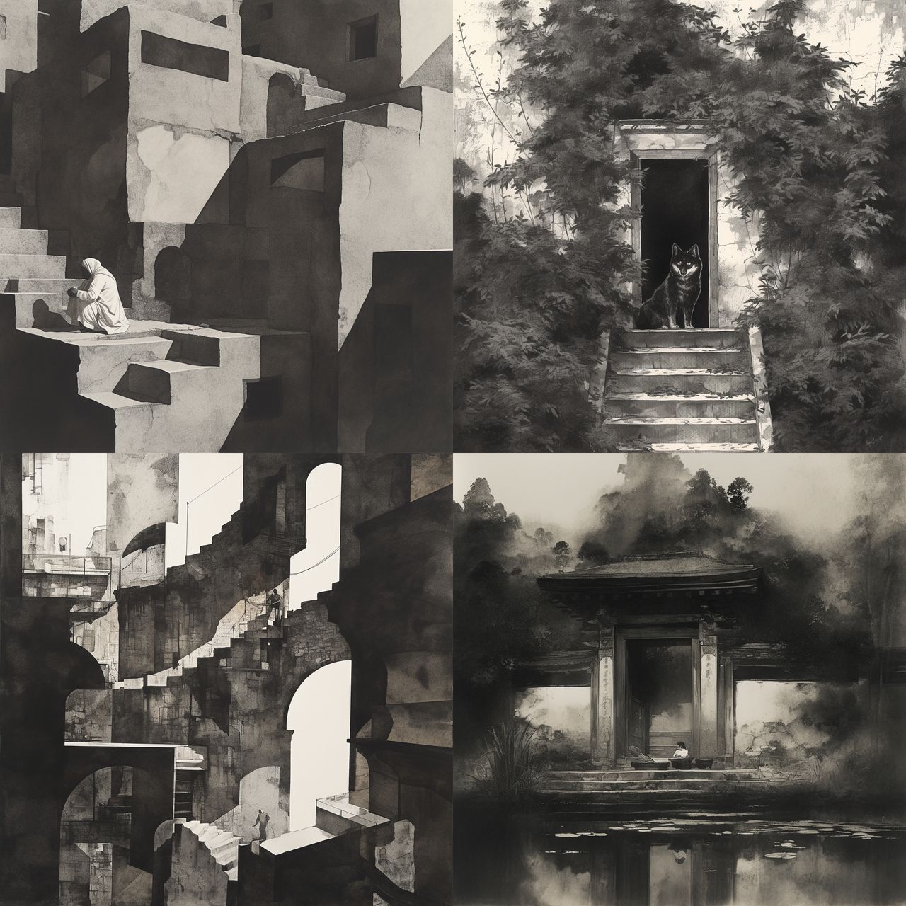 Clarence John Laughlin style, Midjourney Niji 6, render 1 of 4