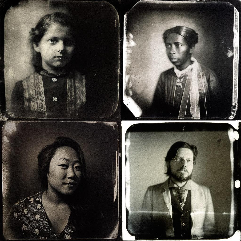 Collodion print style, Midjourney Niji 4, render 1 of 4
