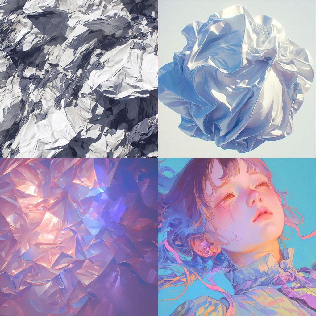 Crinkled texture style, Midjourney Niji 6, render 1 of 4