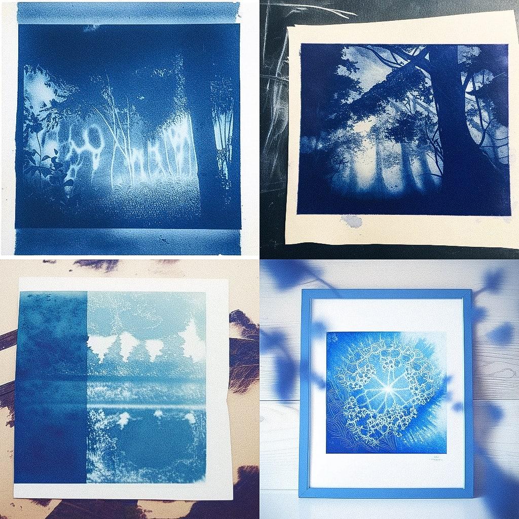 Cyanotype print style, Midjourney Niji 4, render 1 of 4