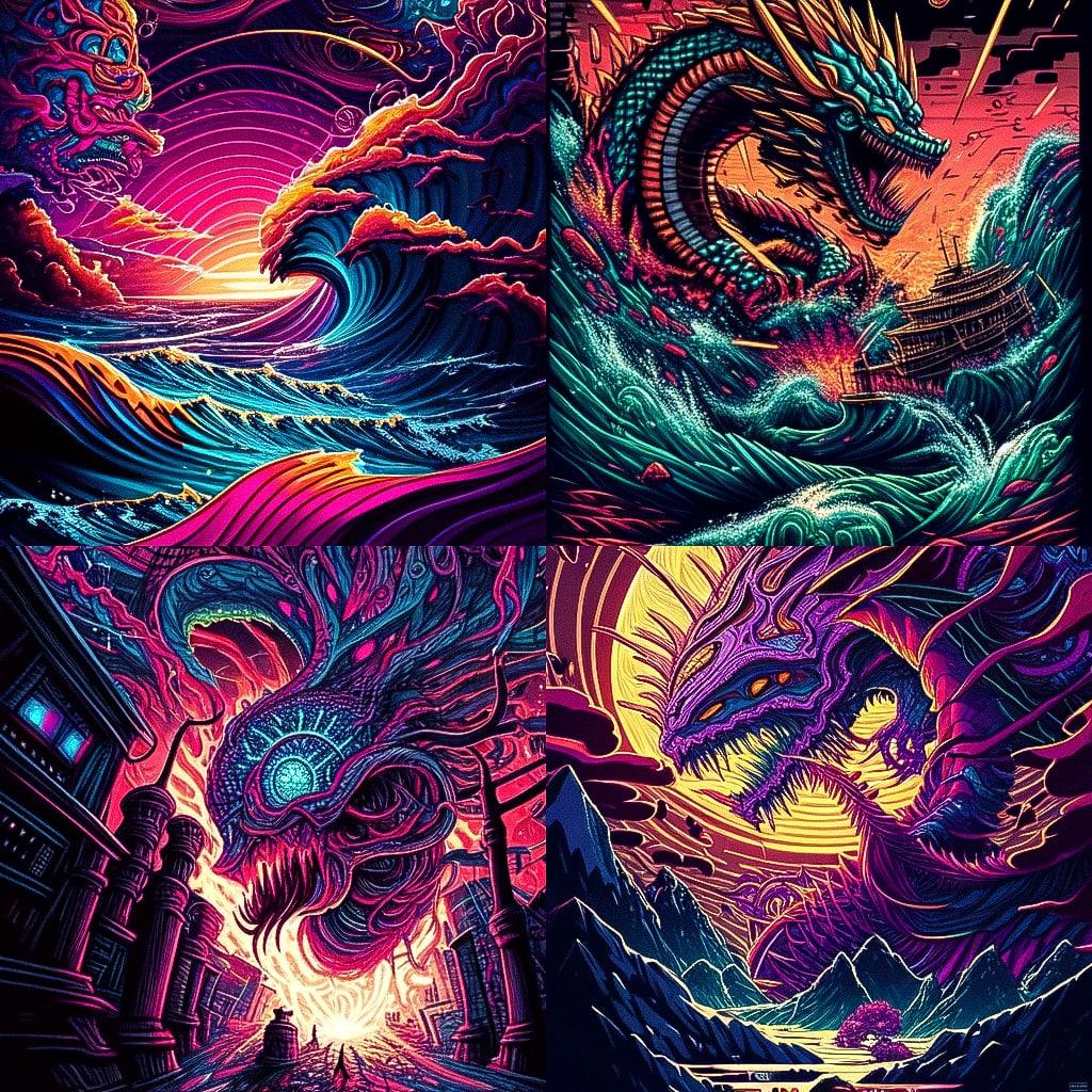 Dan Mumford style, Midjourney Niji 4, render 1 of 4