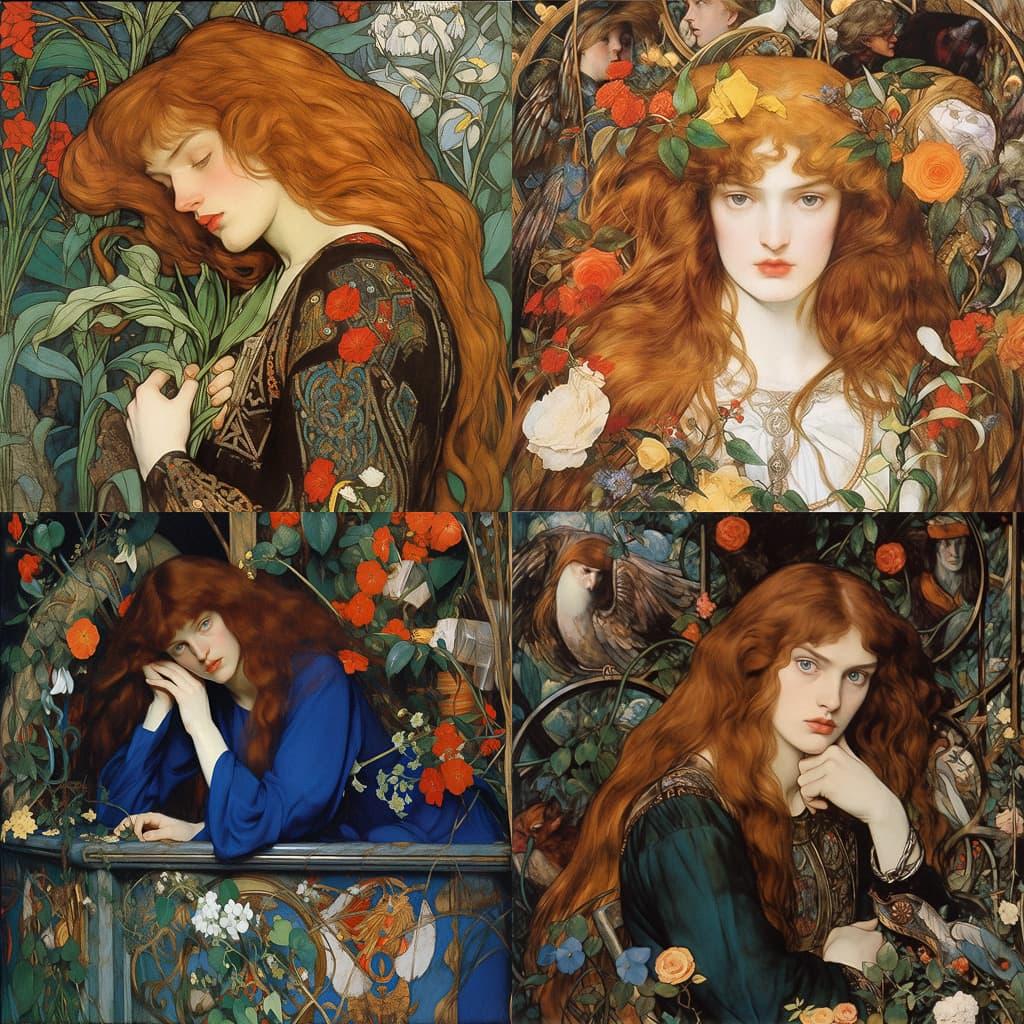 Dante Gabriel Rossetti style, Midjourney Niji 5, render 1 of 4
