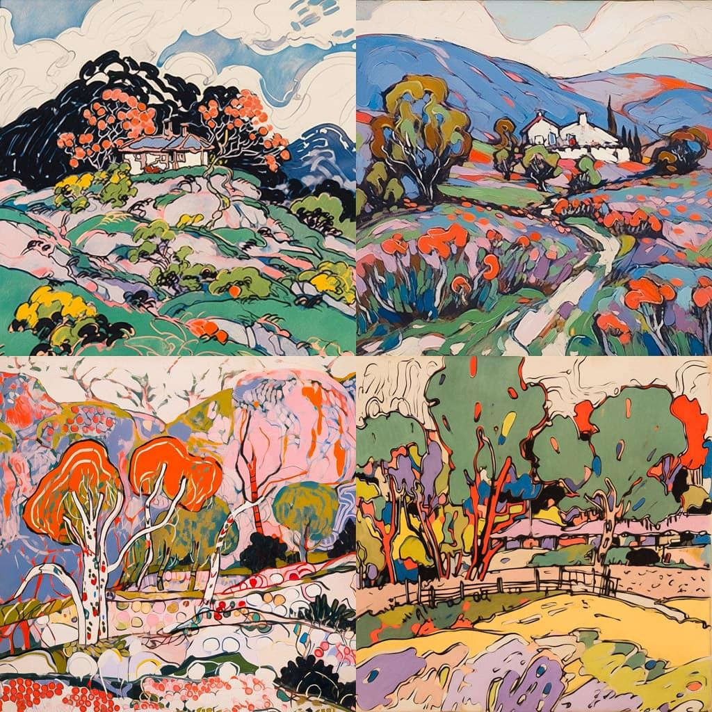 David Brown Milne style, Midjourney Niji 5, render 1 of 4