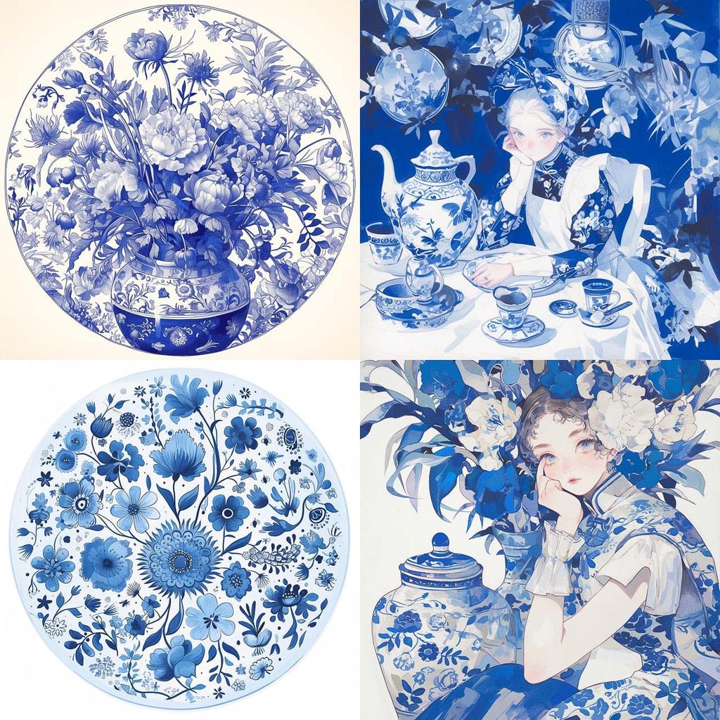 Delftware style, Midjourney Niji 6, render 1 of 4