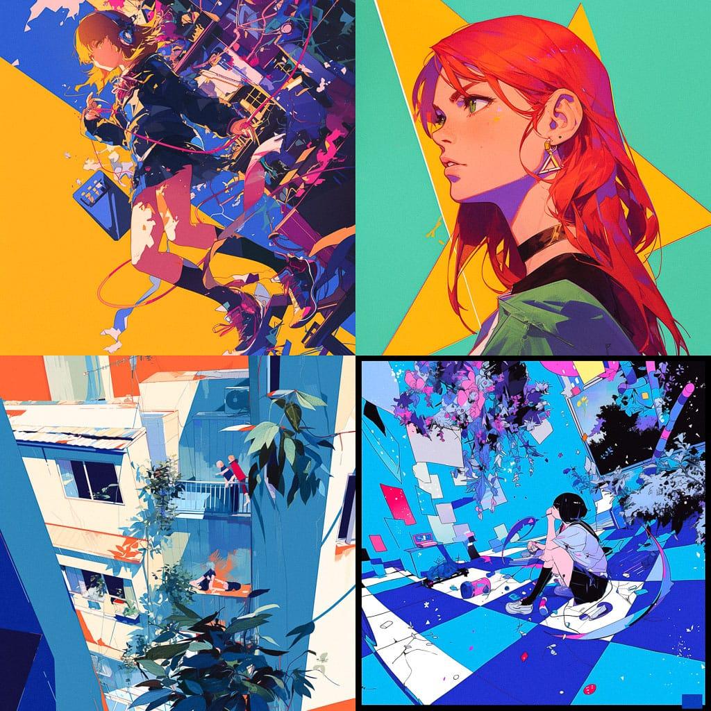 Diagonal composition style, Midjourney Niji 6, render 1 of 4
