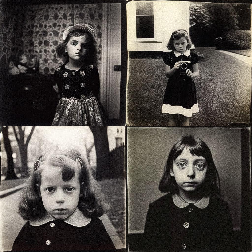 Diane Arbus style, Midjourney Niji 4, render 1 of 4