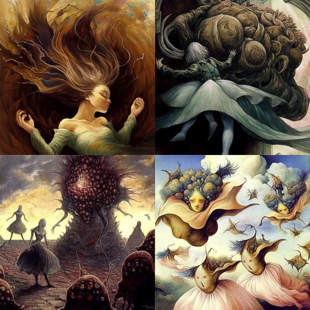 Dorothea Tanning style, Midjourney Niji 4, render 1 of 4