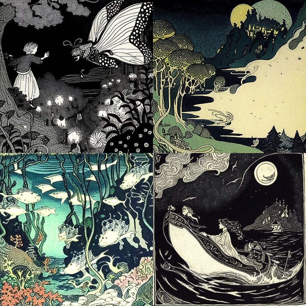 Dorothy Lathrop style, Midjourney Niji 4, render 1 of 4