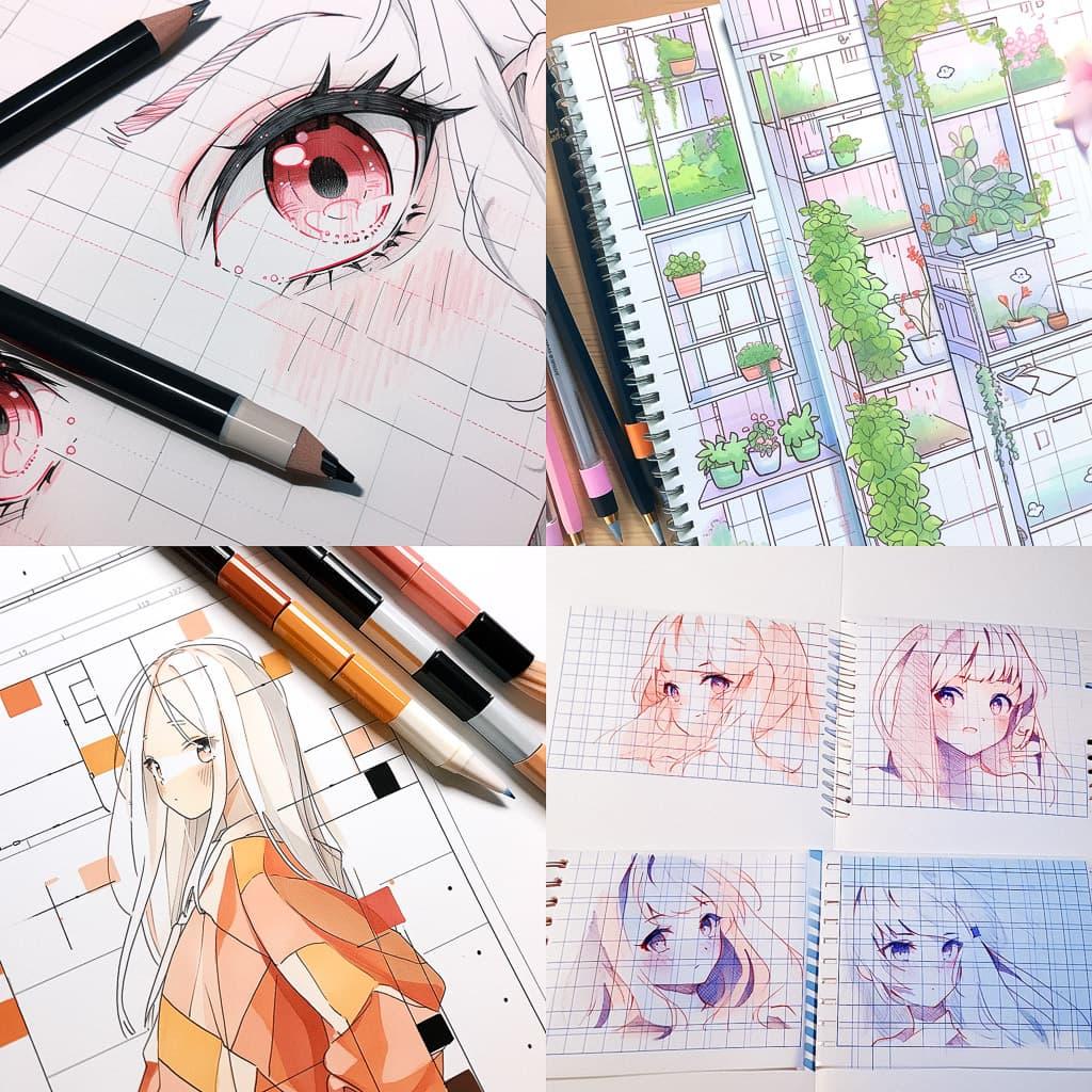 Drawing grid paper style, Midjourney Niji 5, render 1 of 4