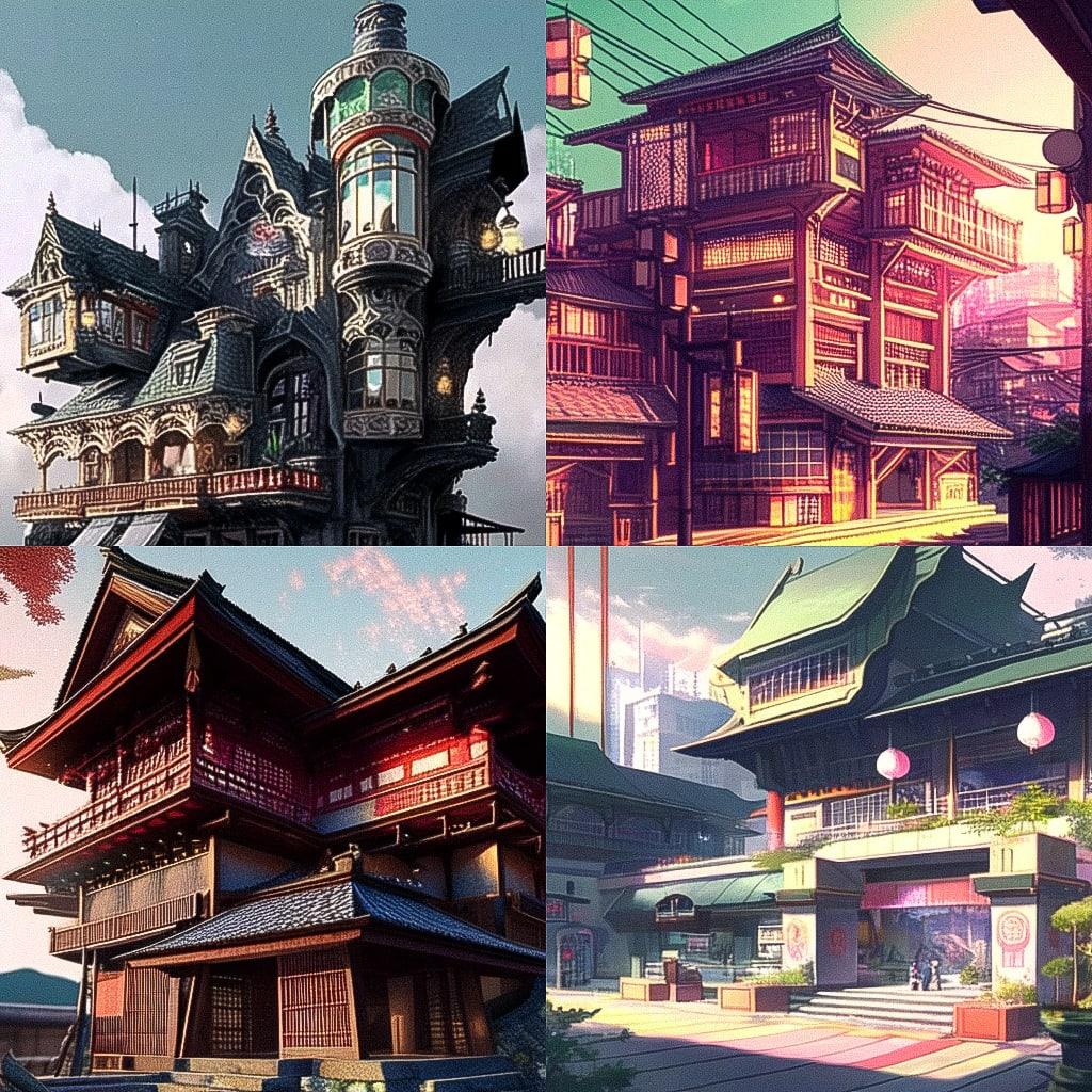 Eclectic architecture style, Midjourney Niji 4, render 1 of 4