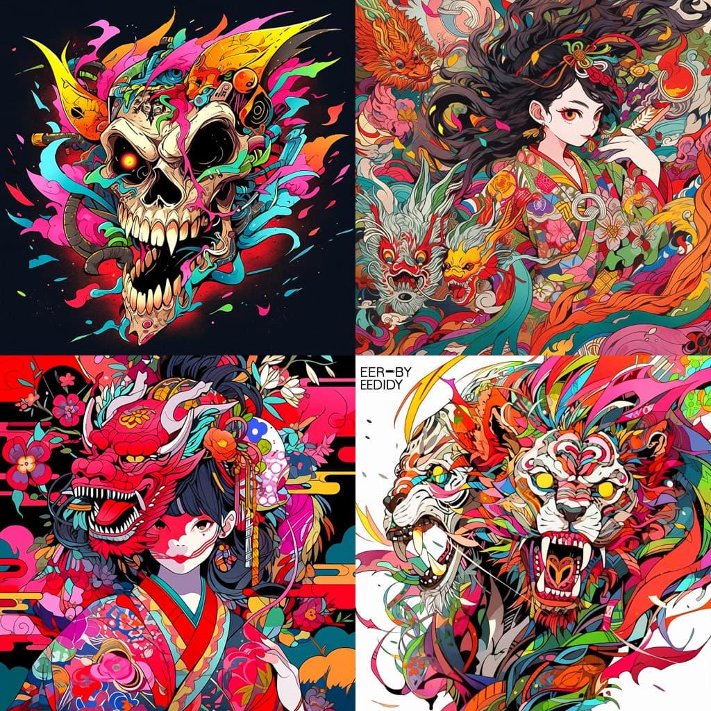 Ed Hardy style, Midjourney Niji 5, render 1 of 4