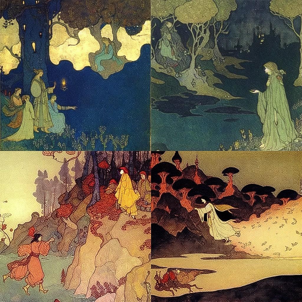 Edmund Dulac style, Midjourney Niji 4, render 1 of 4