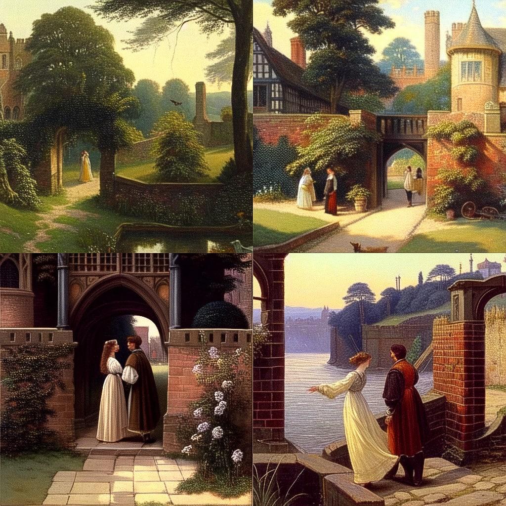 Edmund Leighton style, Midjourney Niji 4, render 1 of 4