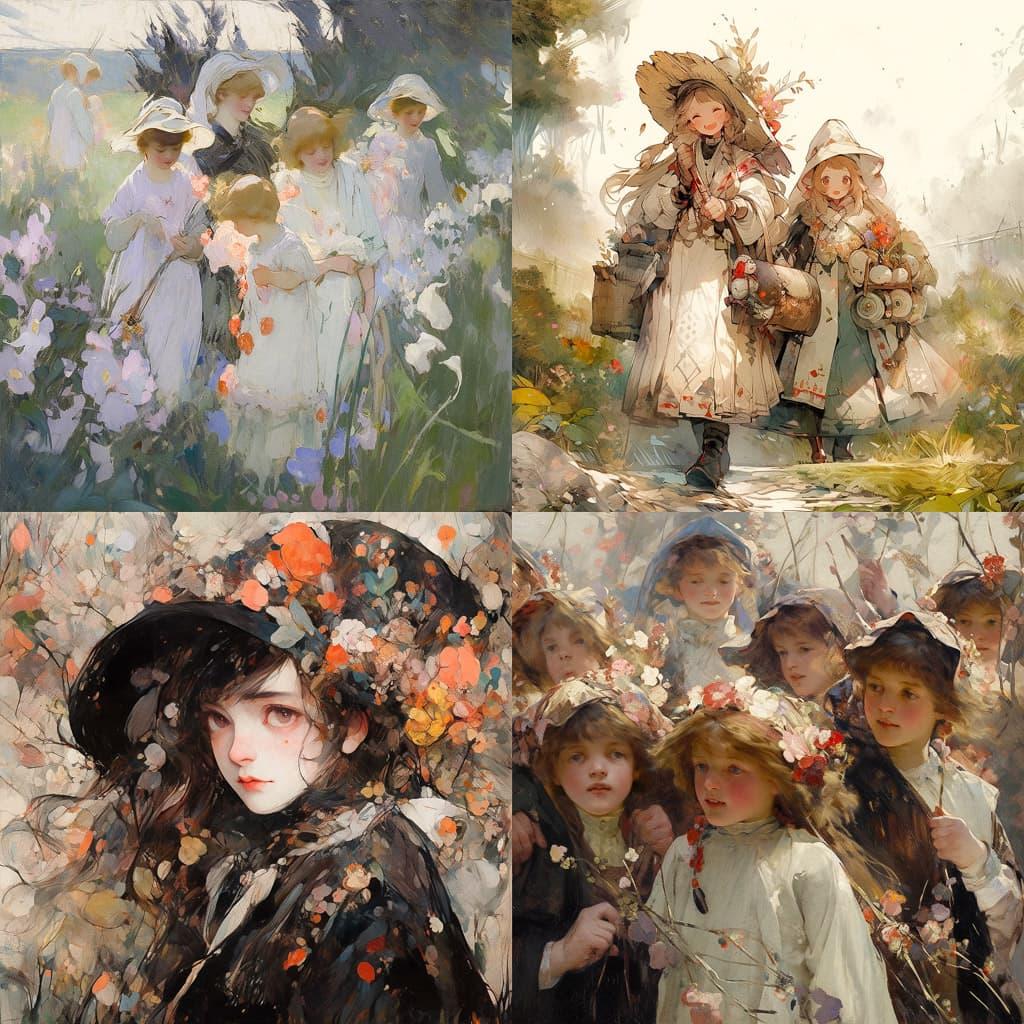 Edward Atkinson Hornel style, Midjourney Niji 5, render 1 of 4