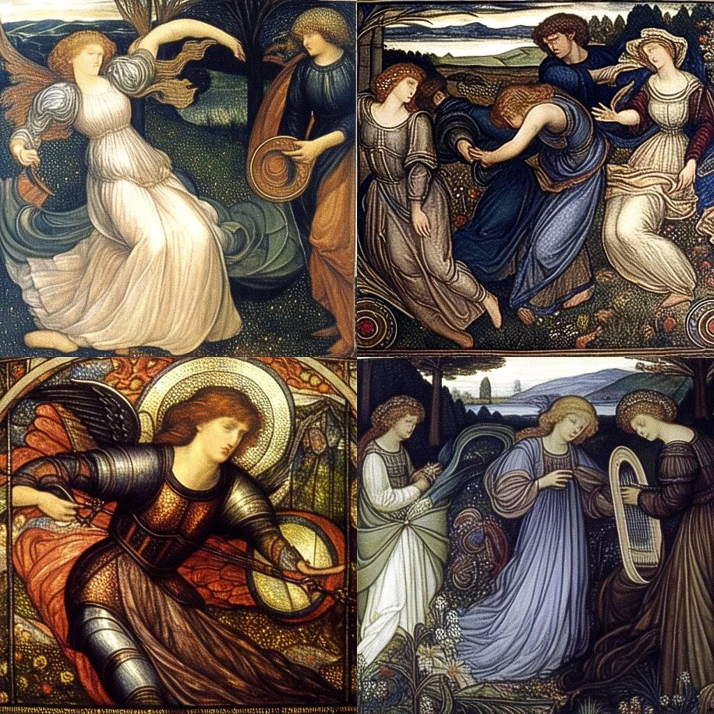 Edward Burne-Jones style, Midjourney Niji 4, render 1 of 4