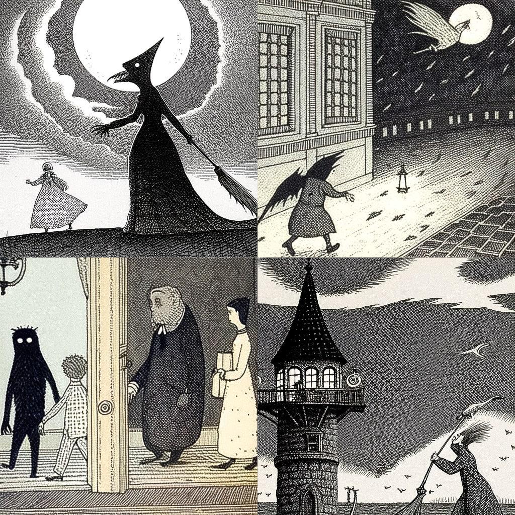 Edward Gorey style, Midjourney Niji 4, render 1 of 4