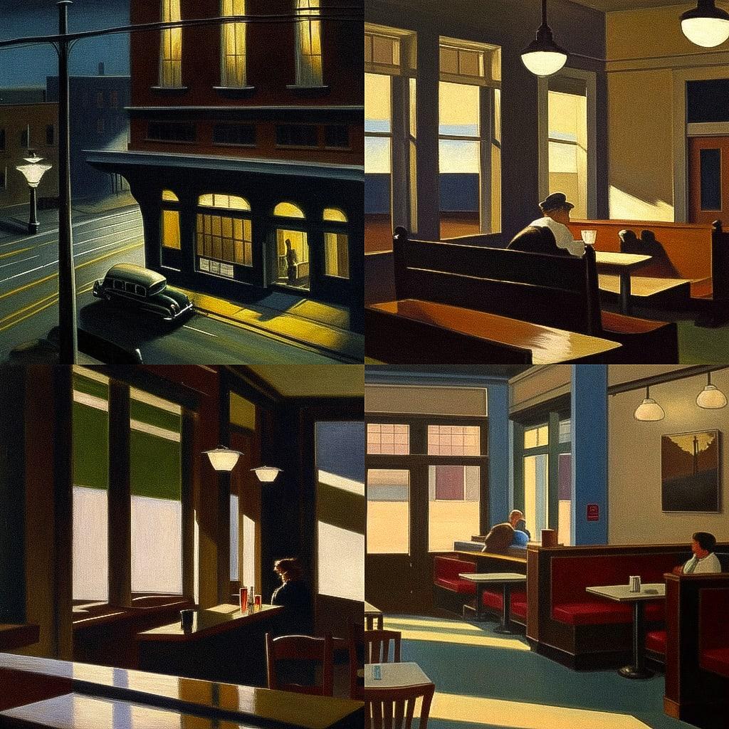Edward Hopper style, Midjourney Niji 4, render 1 of 4