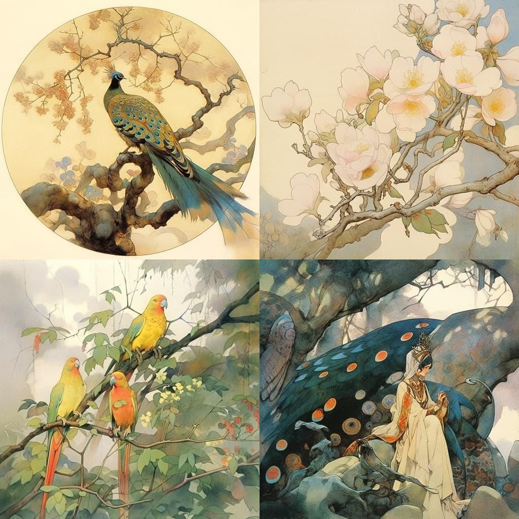 Edward Julius Detmold style, Midjourney Niji 5, render 1 of 4