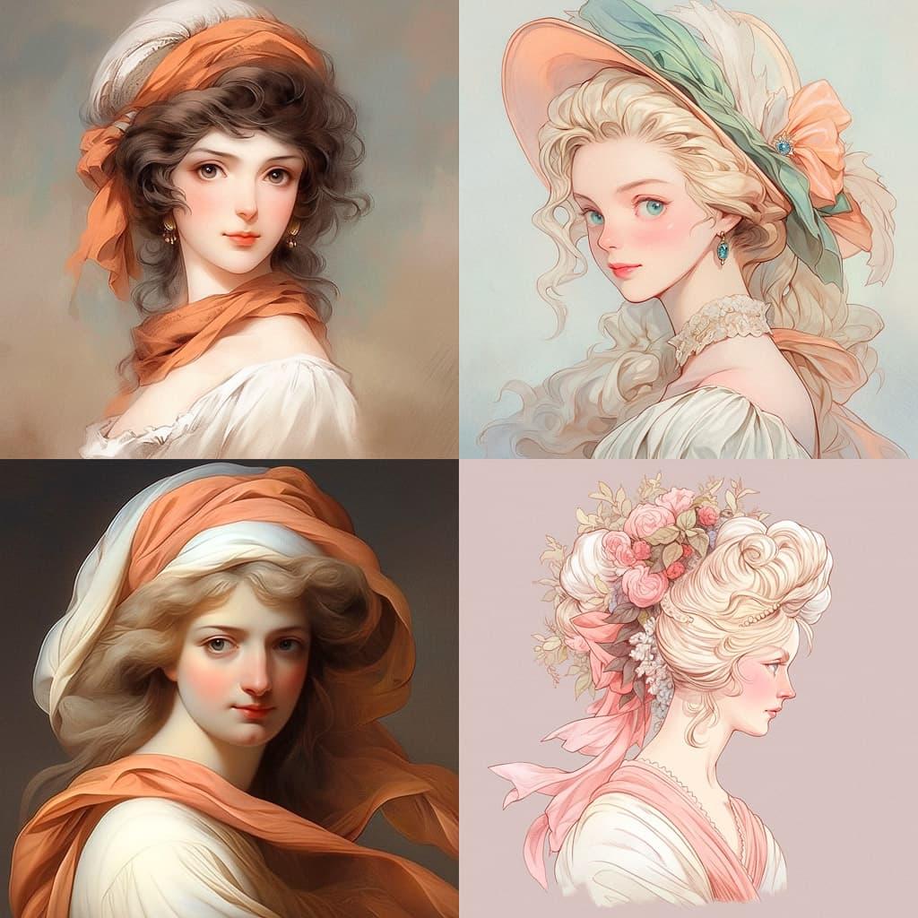 Elisabeth Vigee Le Brun style, Midjourney Niji 5, render 1 of 4