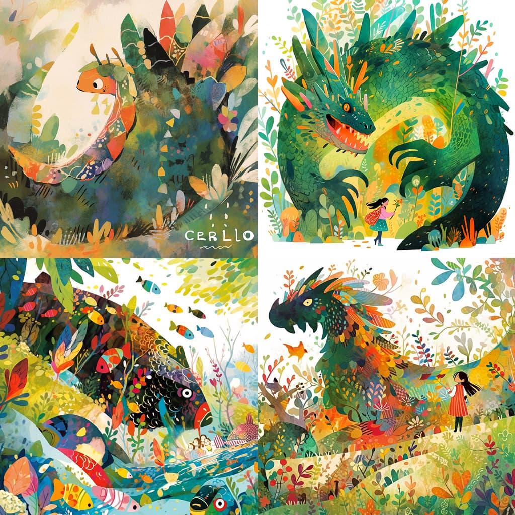 Eric Carle style, Midjourney Niji 5, render 1 of 4