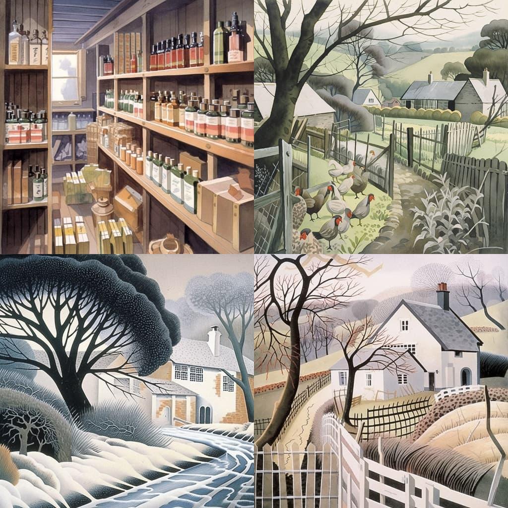 Eric Ravilious style, Midjourney Niji 5, render 1 of 4