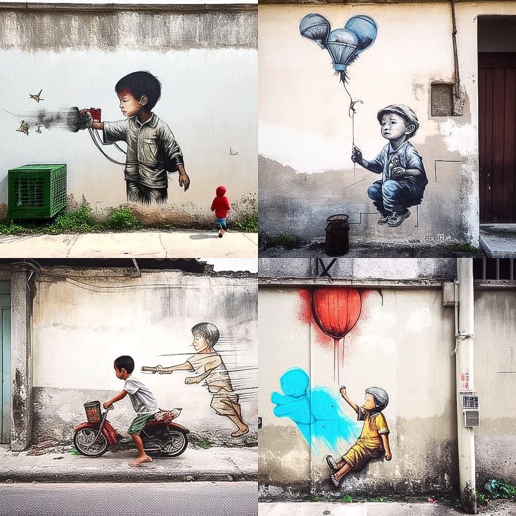 Ernest Zacharevic style, Midjourney Niji 4, render 1 of 4