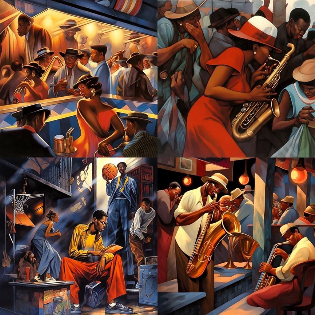 Ernie Barnes style, Midjourney Niji 5, render 1 of 4